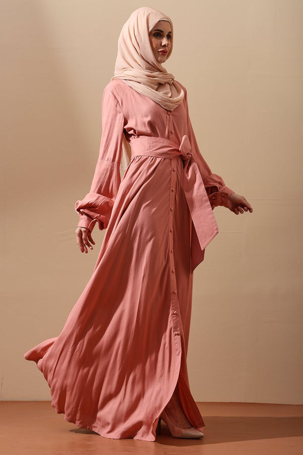 Blush Pink Button - Down Belted Abaya Dress - EastEssence.com