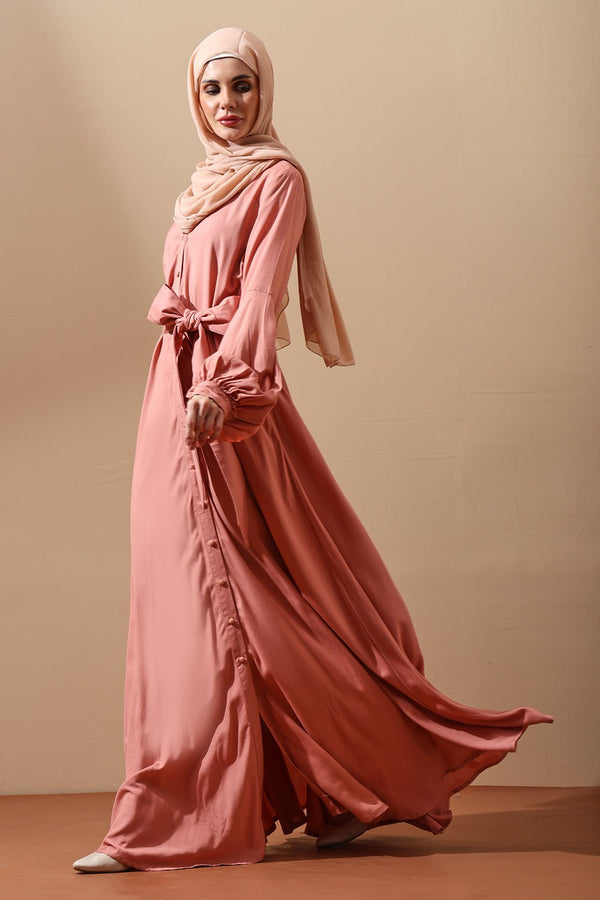 Blush Pink Button - Down Belted Abaya Dress - EastEssence.com