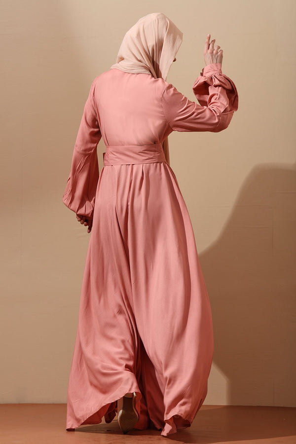 Blush Pink Button - Down Belted Abaya Dress - EastEssence.com