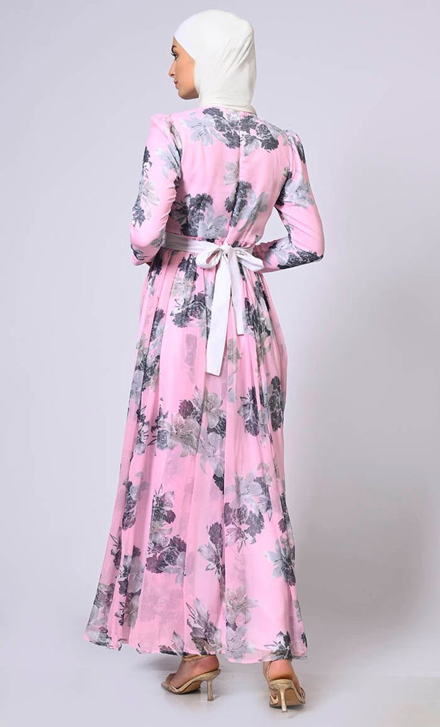 Blushing Pink Floral Printed Flared Abaya with Detachable Belt - Final Sale - EastEssence.com