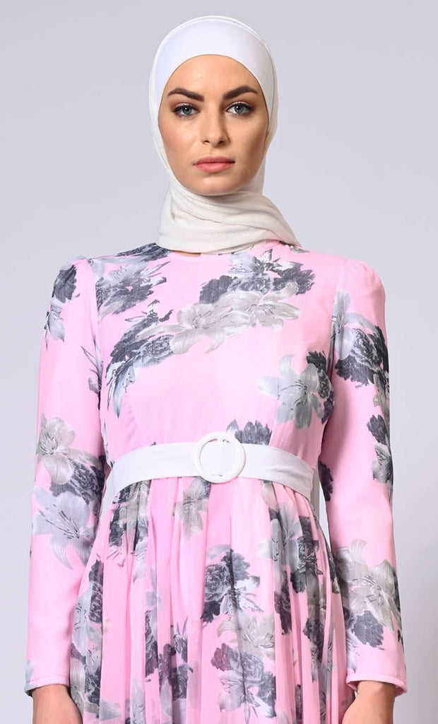 Blushing Pink Floral Printed Flared Abaya with Detachable Belt - Final Sale - EastEssence.com