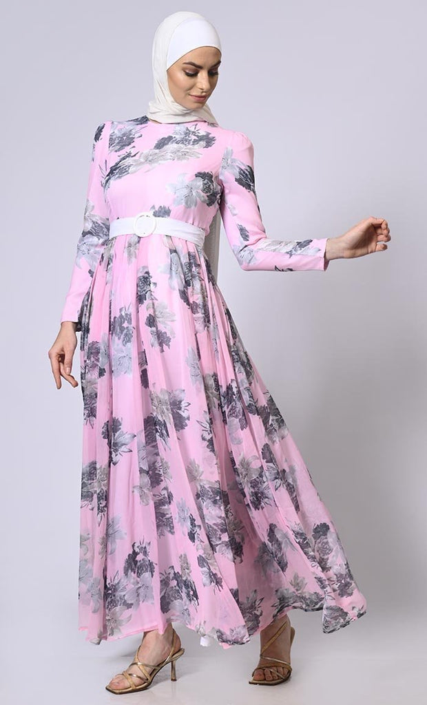 Blushing Pink Floral Printed Flared Abaya with Detachable Belt - Final Sale - EastEssence.com