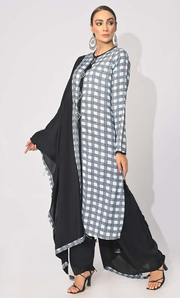 Bohemian Bliss: Checkered Printed 3Pc Salwar Kameez set With Dupatta and Tassels Detailing - EastEssence.com