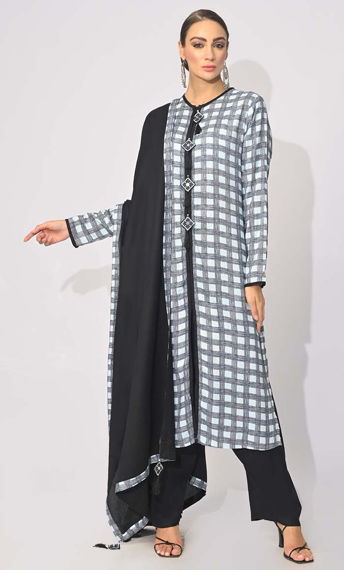 Bohemian Bliss: Checkered Printed 3Pc Salwar Kameez set With Dupatta and Tassels Detailing - EastEssence.com