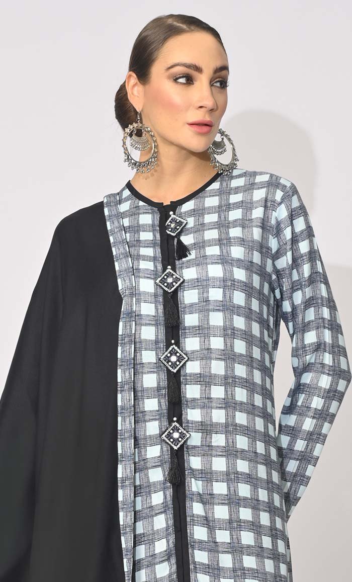 Bohemian Bliss: Checkered Printed 3Pc Salwar Kameez set With Dupatta and Tassels Detailing - EastEssence.com