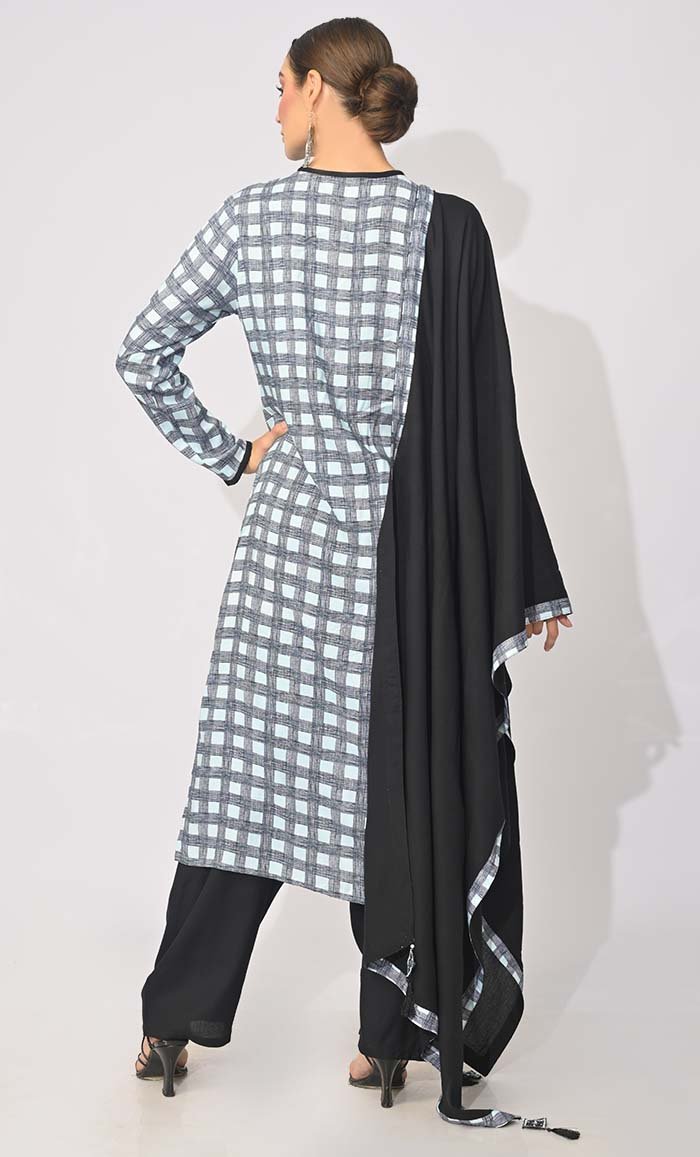 Bohemian Bliss: Checkered Printed 3Pc Salwar Kameez set With Dupatta and Tassels Detailing - EastEssence.com