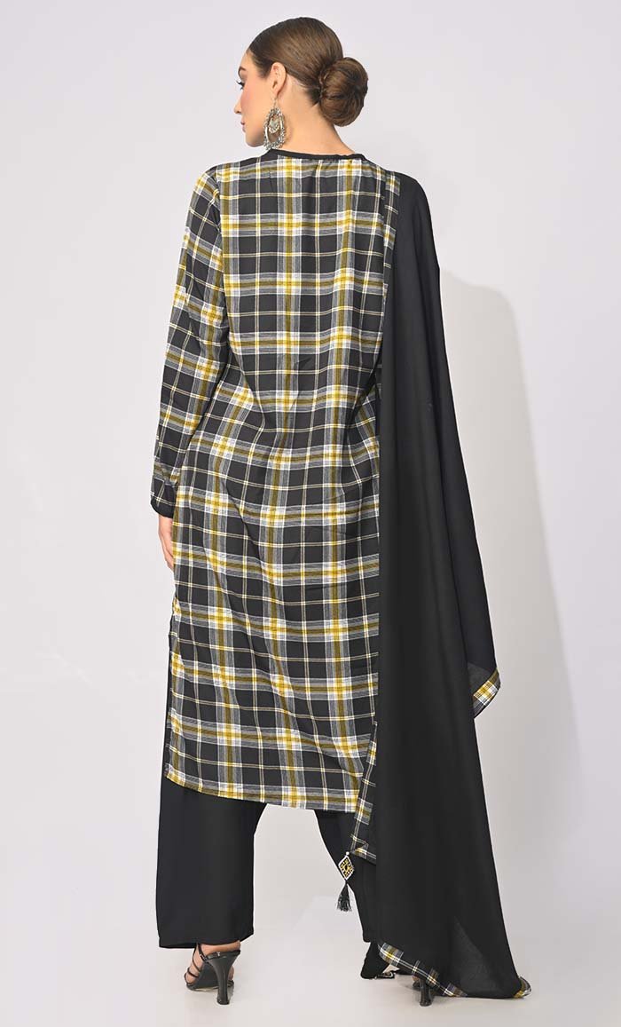 Bohemian Bliss: Printed 3Pc Black Salwar Kameez set With Dupatta and Tassels Detailing - EastEssence.com