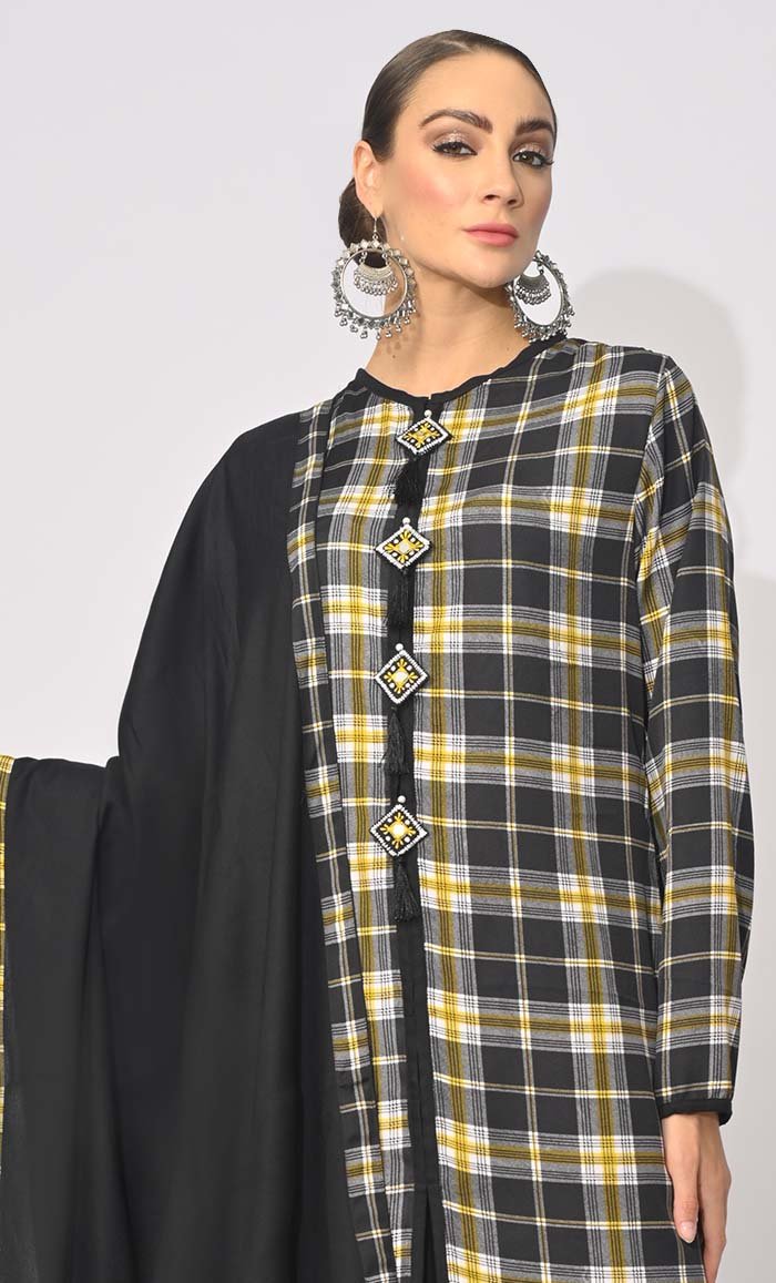 Bohemian Bliss: Printed 3Pc Black Salwar Kameez set With Dupatta and Tassels Detailing - EastEssence.com