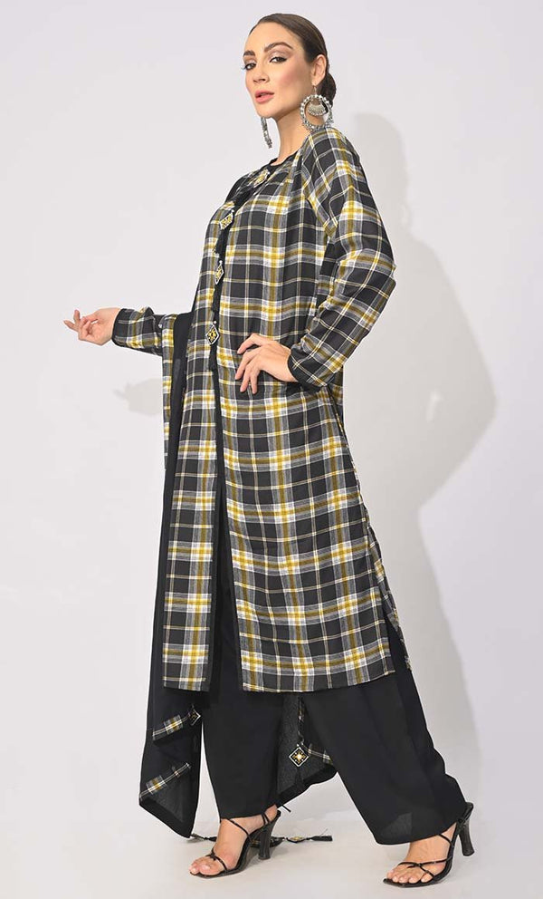 Bohemian Bliss: Printed 3Pc Black Salwar Kameez set With Dupatta and Tassels Detailing - EastEssence.com