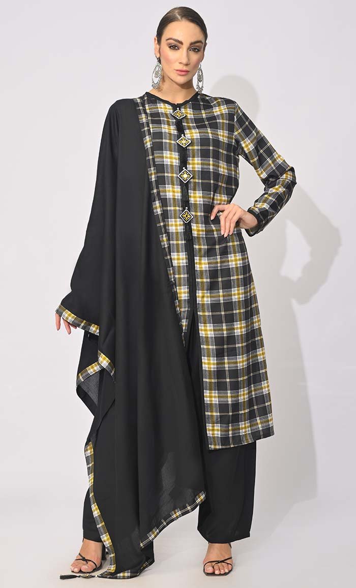 Bohemian Bliss: Printed 3Pc Black Salwar Kameez set With Dupatta and Tassels Detailing - EastEssence.com