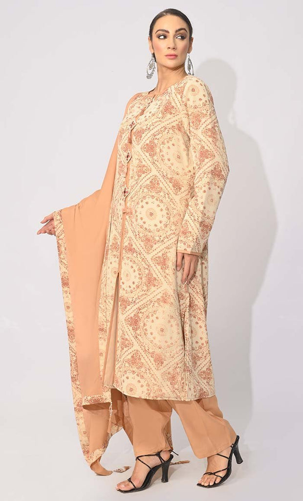 Bohemian Bliss: Printed 3Pc Sand Salwar Kameez set With Dupatta and Tassels Detailing - Final Sale - EastEssence.com