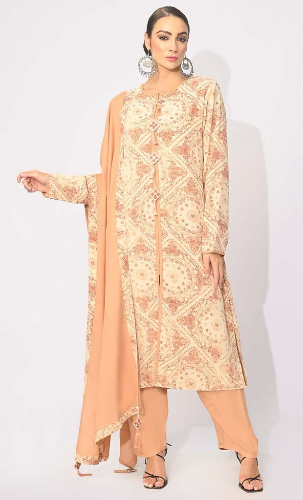 Bohemian Bliss: Printed 3Pc Sand Salwar Kameez set With Dupatta and Tassels Detailing - Final Sale - EastEssence.com