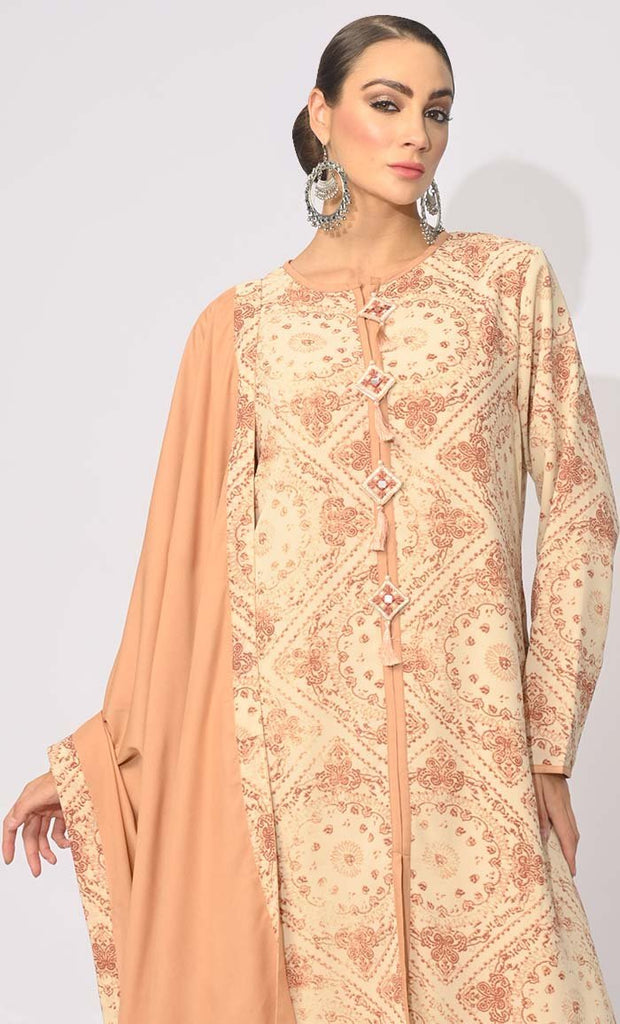 Bohemian Bliss: Printed 3Pc Sand Salwar Kameez set With Dupatta and Tassels Detailing - Final Sale - EastEssence.com