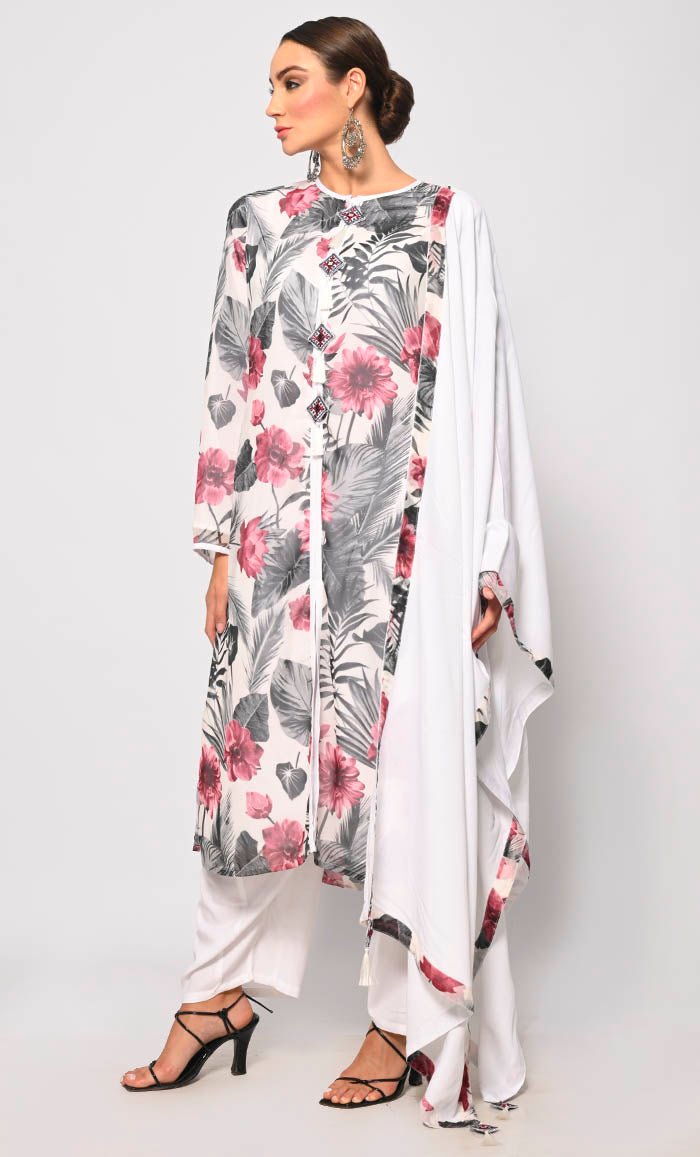 Bohemian Bliss: Printed 3Pc White Salwar Kameez set With Dupatta and Tassels Detailing - EastEssence.com