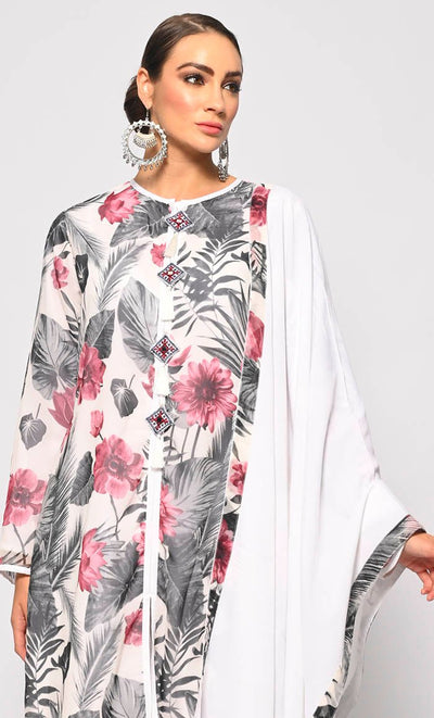 Bohemian Bliss: Printed 3Pc White Salwar Kameez set With Dupatta and Tassels Detailing - EastEssence.com