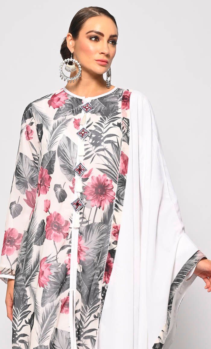 Bohemian Bliss: Printed 3Pc White Salwar Kameez set With Dupatta and Tassels Detailing - EastEssence.com