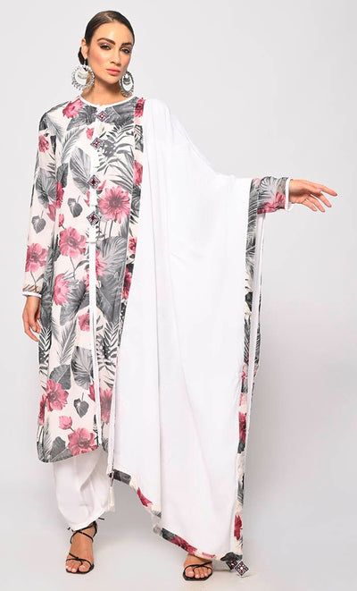 Bohemian Bliss: Printed 3Pc White Salwar Kameez set With Dupatta and Tassels Detailing - EastEssence.com
