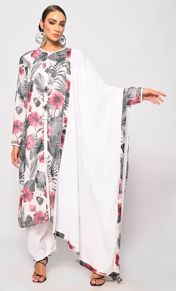 Bohemian Bliss: Printed 3Pc White Salwar Kameez set With Dupatta and Tassels Detailing - EastEssence.com