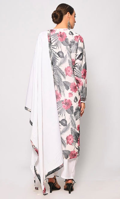 Bohemian Bliss: Printed 3Pc White Salwar Kameez set With Dupatta and Tassels Detailing - EastEssence.com