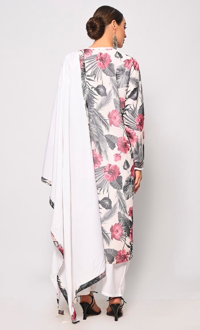 Bohemian Bliss: Printed 3Pc White Salwar Kameez set With Dupatta and Tassels Detailing - EastEssence.com