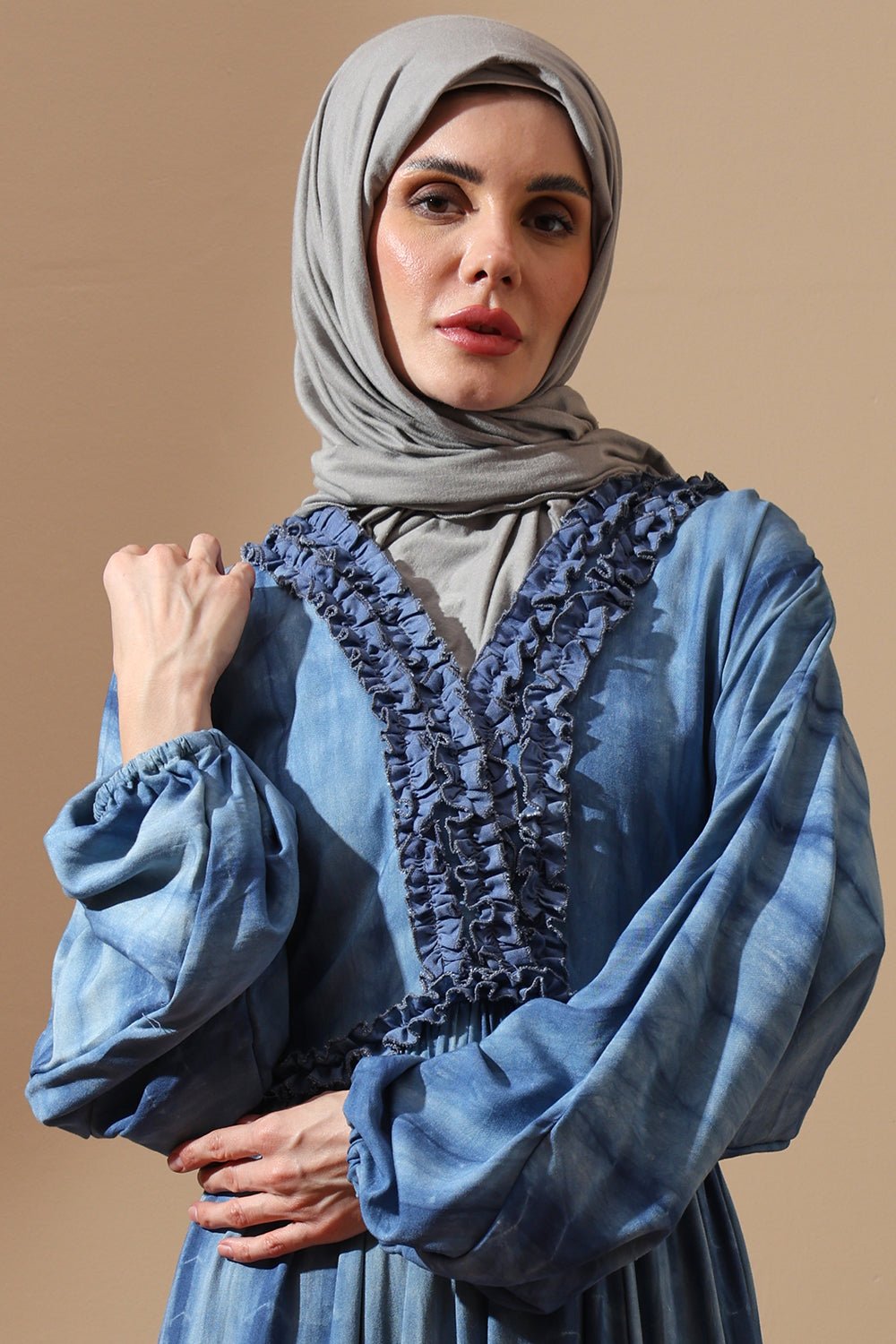 Bohemian Blue Tie - Dye beachwear Abaya with Ruffle Detailing - EastEssence.com