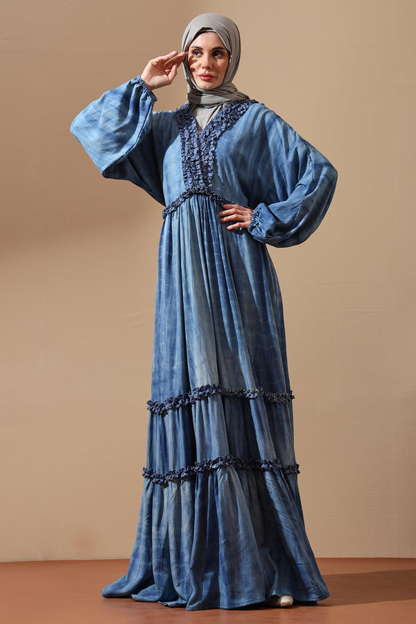 Bohemian Blue Tie - Dye beachwear Abaya with Ruffle Detailing - EastEssence.com