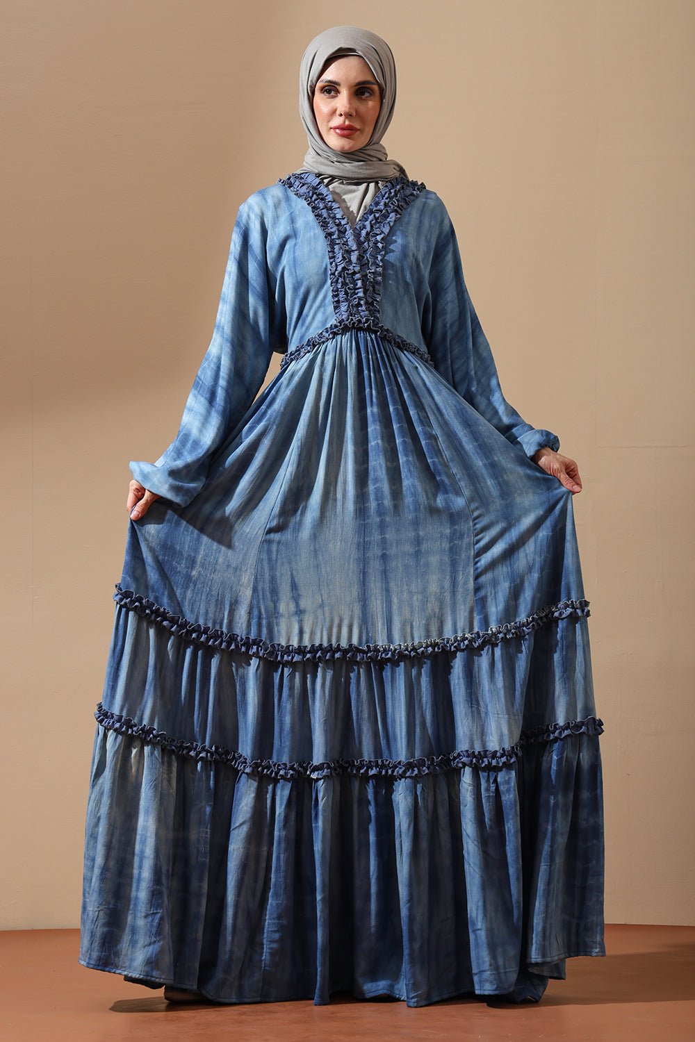 Bohemian Blue Tie - Dye beachwear Abaya with Ruffle Detailing - EastEssence.com
