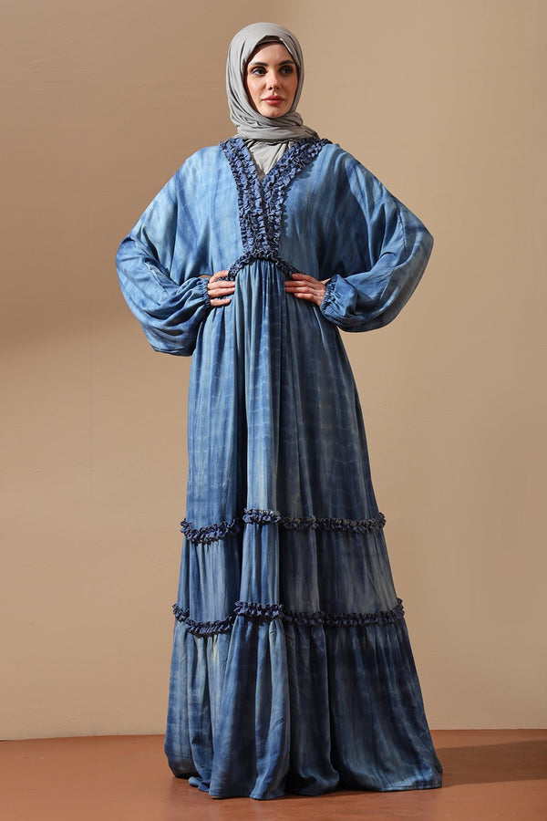 Bohemian Blue Tie - Dye beachwear Abaya with Ruffle Detailing - EastEssence.com
