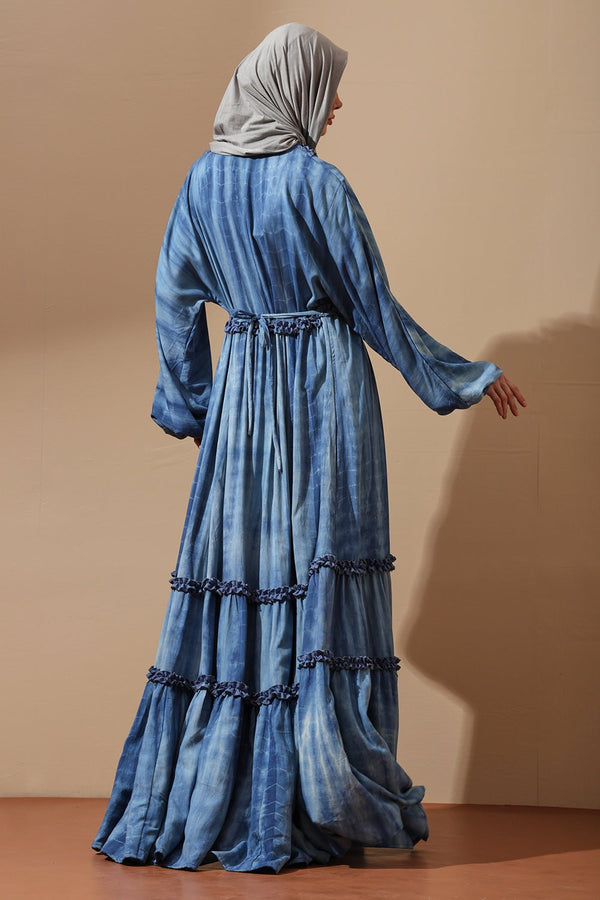 Bohemian Blue Tie - Dye beachwear Abaya with Ruffle Detailing - EastEssence.com