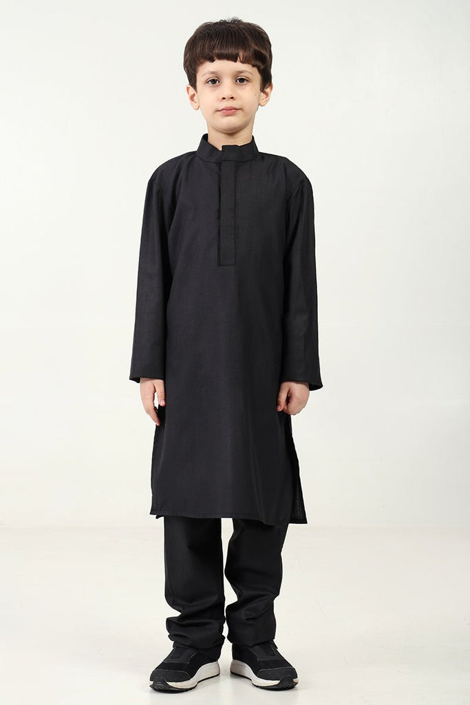 Boys' 3 - Piece Black Kurta Pant Set with Embroidered Sleeveless Jacket - EastEssence.com