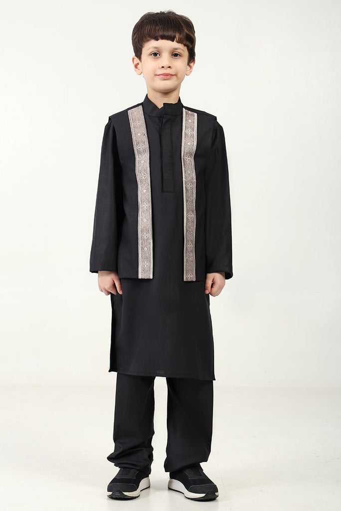 Boys' 3 - Piece Black Kurta Pant Set with Embroidered Sleeveless Jacket - EastEssence.com