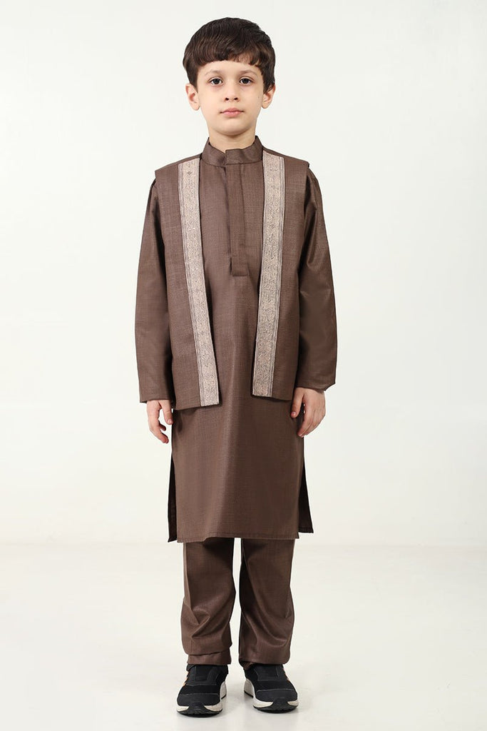 Boys' 3 - Piece Brown Kurta Pant Set with Embroidered Sleeveless Jacket - EastEssence.com