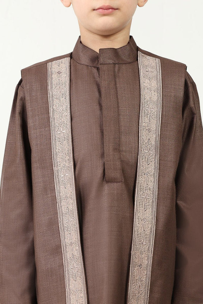 Boys' 3 - Piece Brown Kurta Pant Set with Embroidered Sleeveless Jacket - EastEssence.com