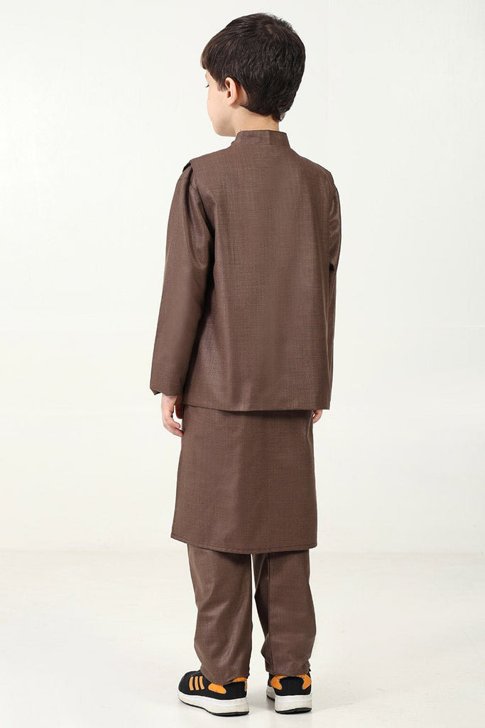 Boys' 3 - Piece Brown Kurta Pant Set with Embroidered Sleeveless Jacket - EastEssence.com