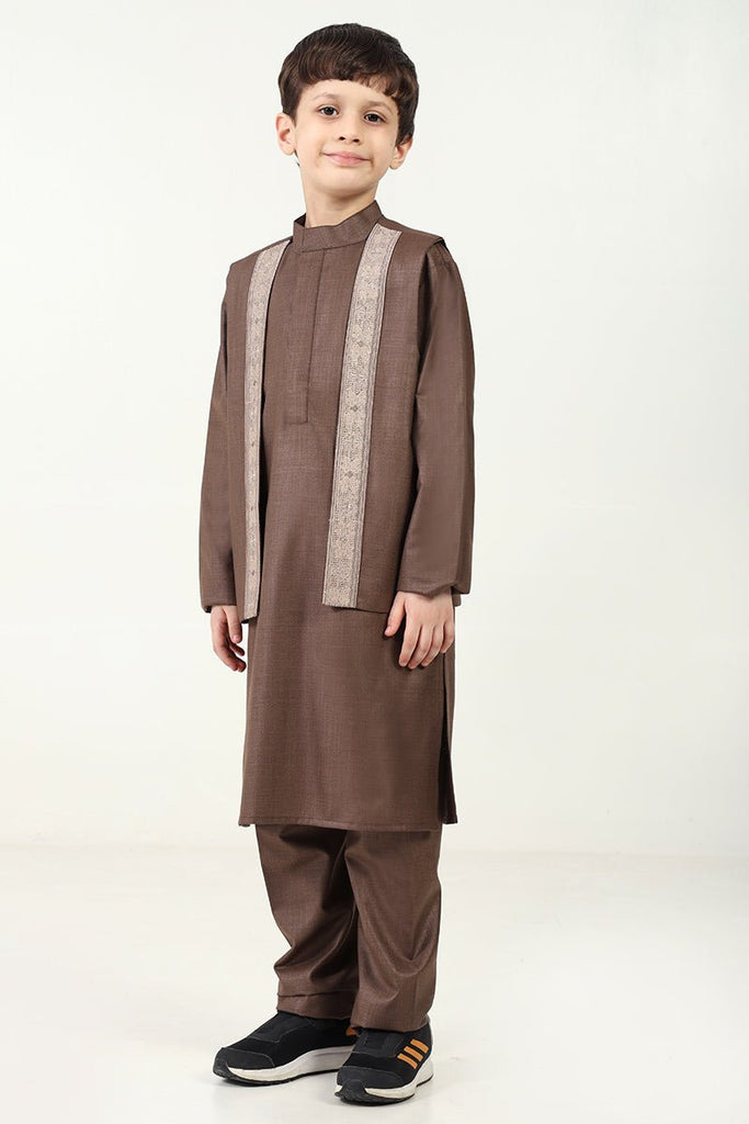 Boys' 3 - Piece Brown Kurta Pant Set with Embroidered Sleeveless Jacket - EastEssence.com