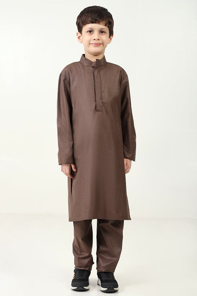 Boys' 3 - Piece Brown Kurta Pant Set with Embroidered Sleeveless Jacket - EastEssence.com