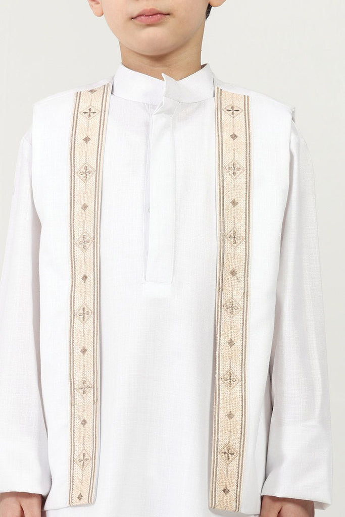 Boys' 3 - Piece White Kurta Pant Set with Embroidered Sleeveless Jacket - EastEssence.com