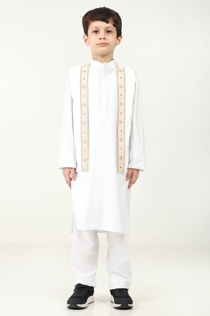 Boys' 3 - Piece White Kurta Pant Set with Embroidered Sleeveless Jacket - EastEssence.com