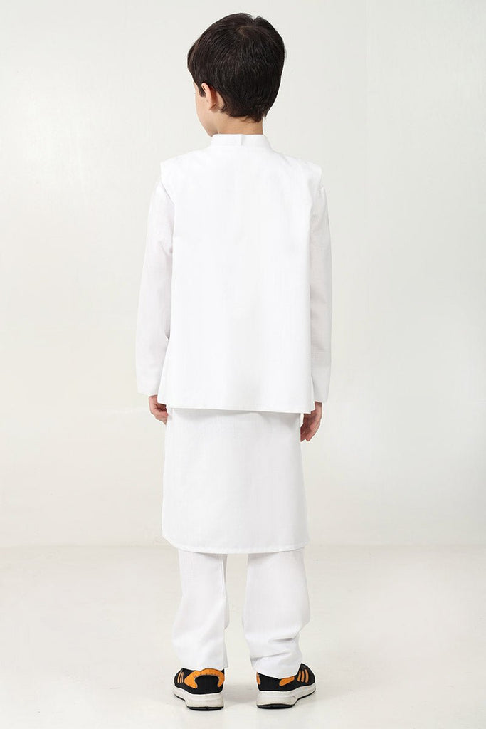 Boys' 3 - Piece White Kurta Pant Set with Embroidered Sleeveless Jacket - EastEssence.com