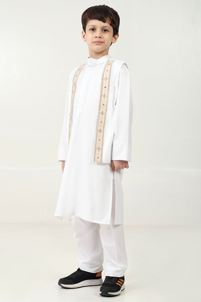 Boys' 3 - Piece White Kurta Pant Set with Embroidered Sleeveless Jacket - EastEssence.com