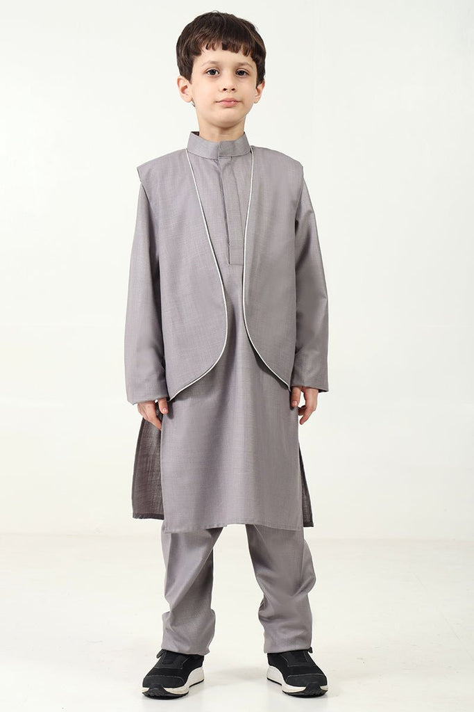 Boys' 3 - PieceGrey Kurta Pant Set with Sleeveless Jacket - EastEssence.com