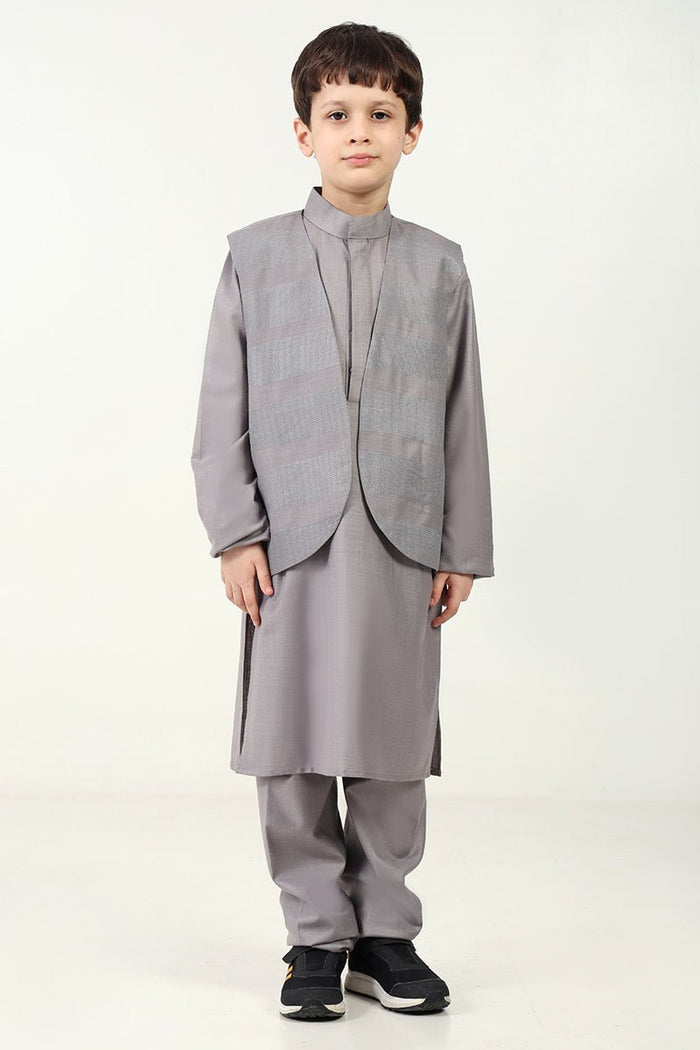 Boys' 3 - PieceGrey Kurta Pant Set with Sleeveless Jacket - EastEssence.com