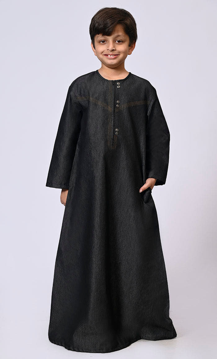 Boy's Black Denim Thobe with Show Buttons & Pockets