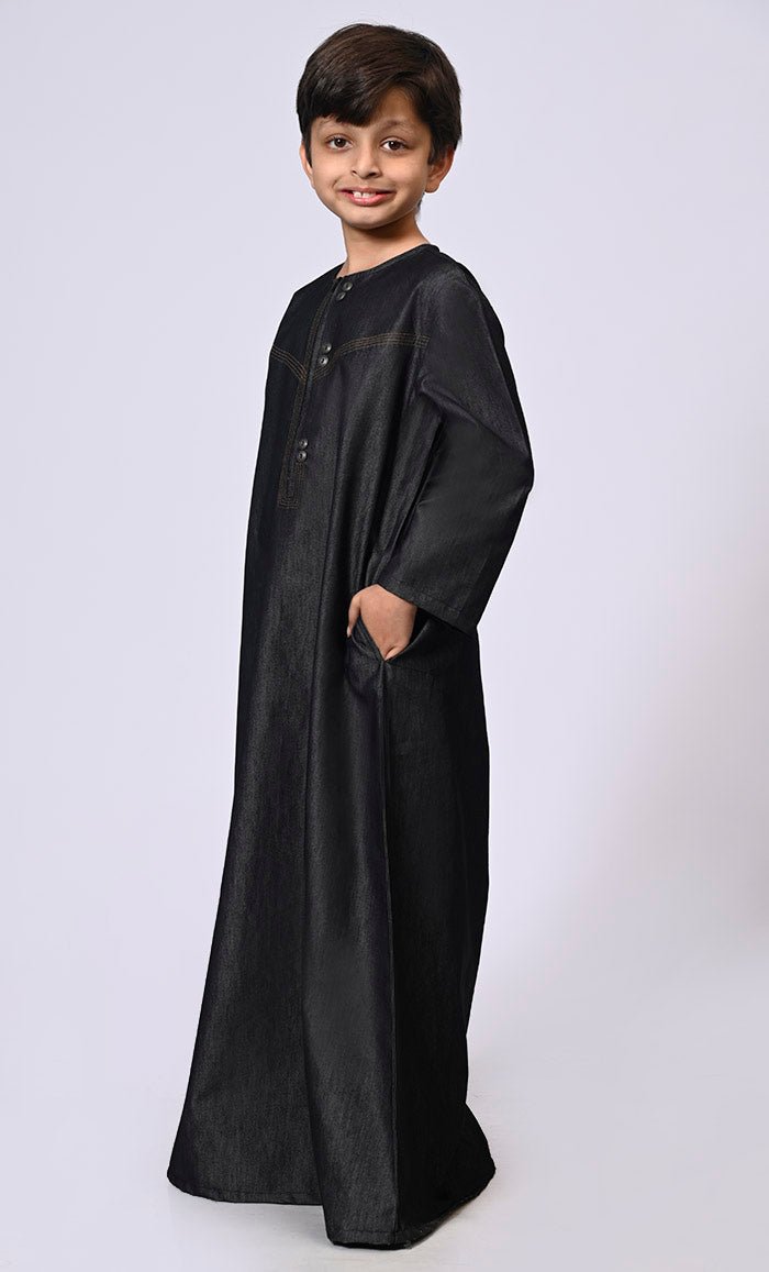 Boy's Black Denim Thobe With Show Buttons and Pockets - EastEssence.com