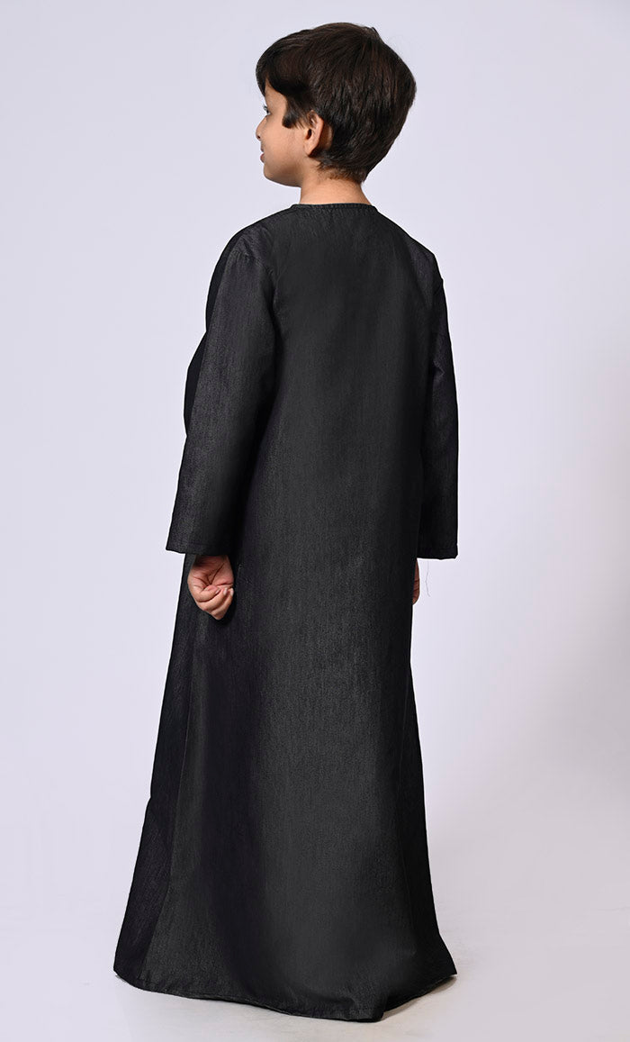 Boy's Black Denim Thobe With Show Buttons and Pockets - EastEssence.com