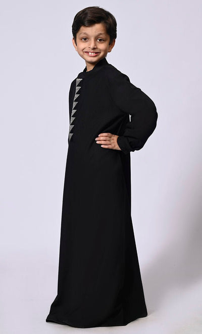 Boy's Black Thobe with Geometrical Embroidery detailing and Pockets - EastEssence.com