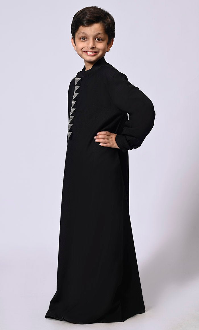 Boy's Black Thobe with Geometrical Embroidery detailing and Pockets - EastEssence.com