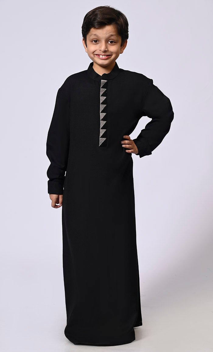 Boy's Black Thobe with Geometrical Embroidery detailing and Pockets - EastEssence.com