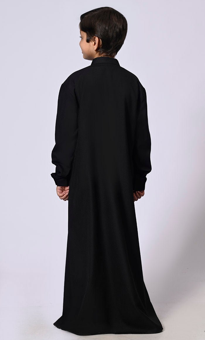Boy's Black Thobe with Geometrical Embroidery detailing and Pockets - EastEssence.com