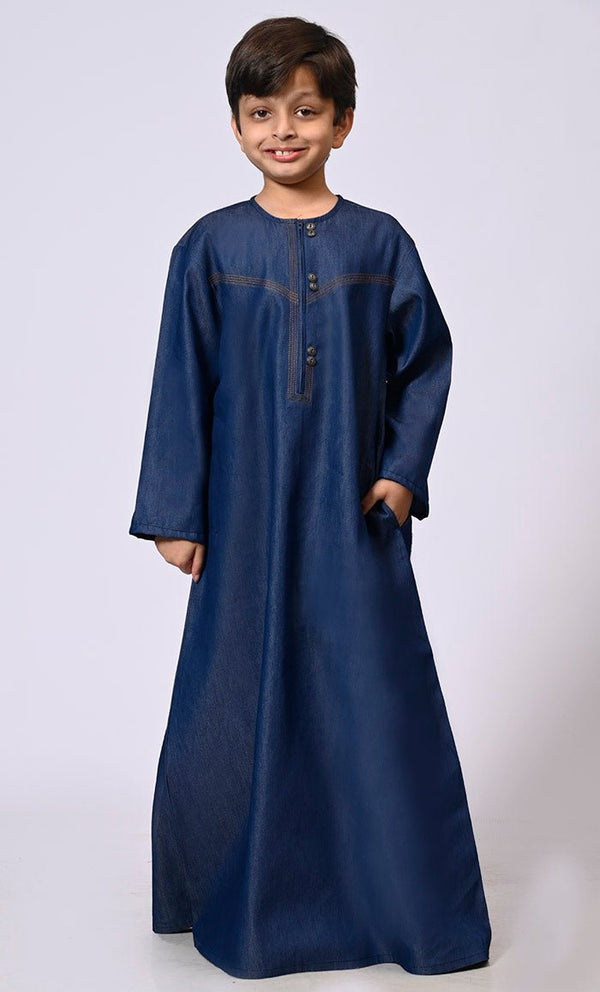 Boy's Blue Denim Thobe With Show Buttons and Pockets - EastEssence.com